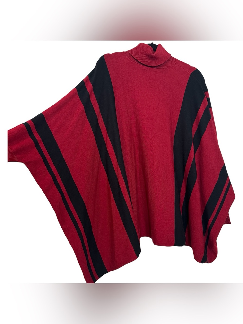 NWT Alfani Turtleneck Poncho Sweater | Size Large | Red Burgundy Black Stripe